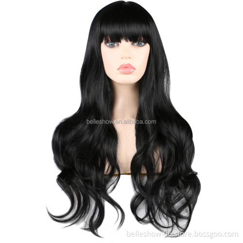 Hot sell Synthetic  Brown Wigs For Black Women Long Wavy Hair Wig With Neat Bangs Heat Resistant Fiber